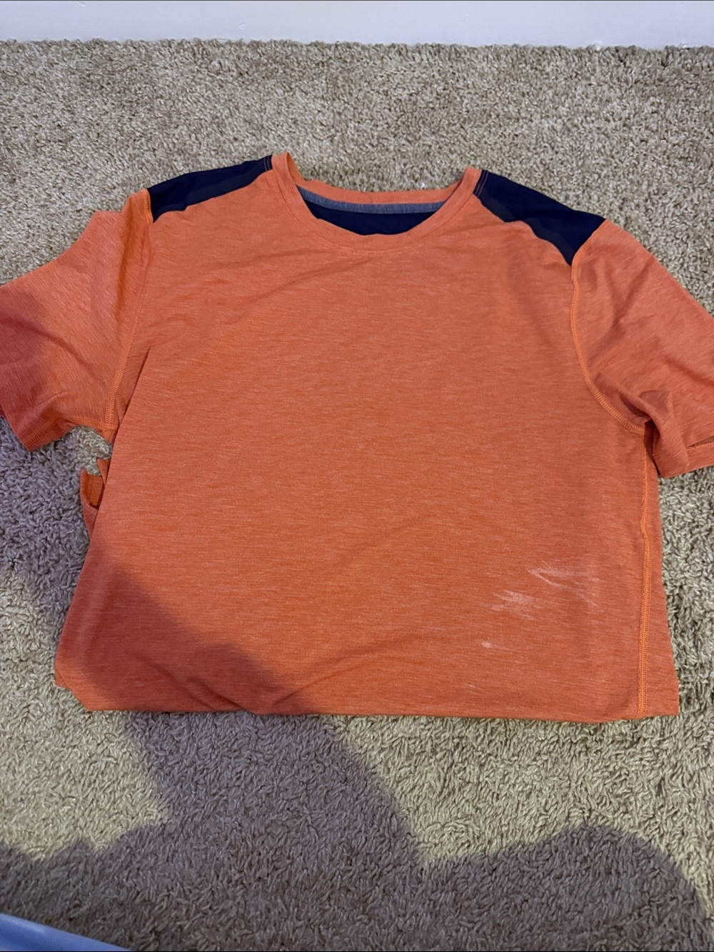 Men’s Lululemon Orange Short Sleeve Tee with Navy Shoulder Panels